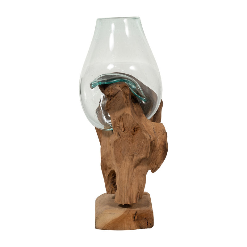 Glass 12"h Vase In Wood Stand, Brown image number 2