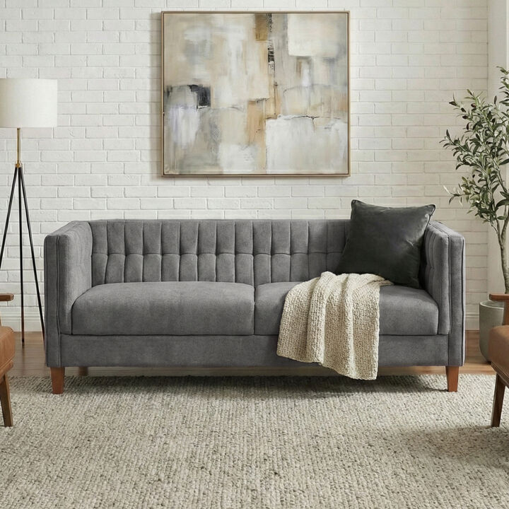 Merax Minimalist Channel Tufted Chenille 3-Seater Sofa with Solid Birch Legs