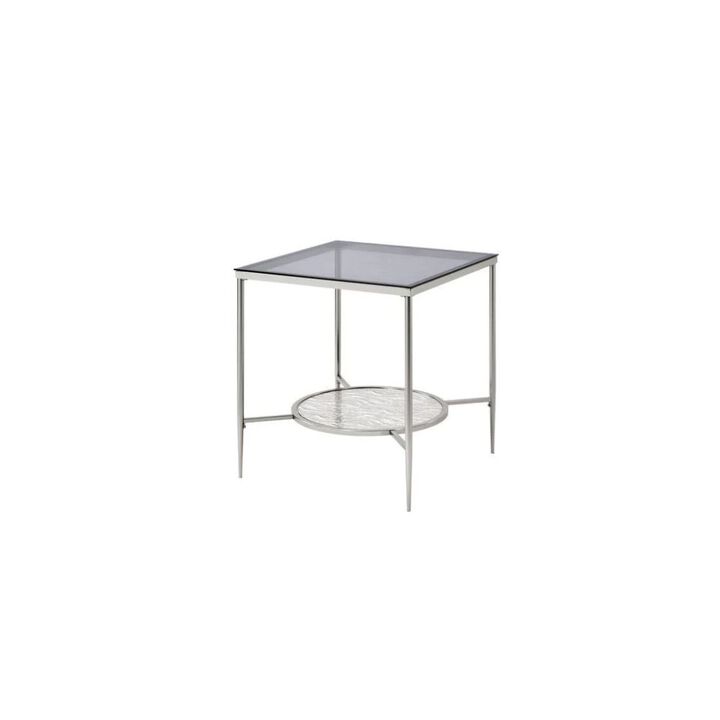 Homezia 24" Chrome And Clear Glass And Metal Square End Table With Shelf