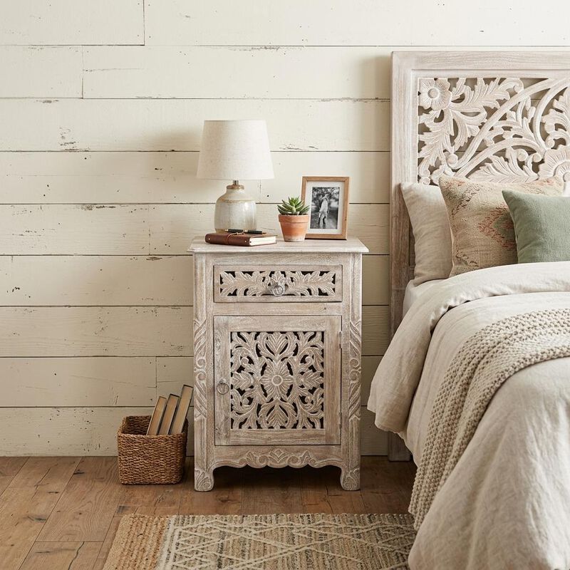 HomeRoots 30" Distressed White One Drawer Carved Floral Solid Wood Nightstand image number 1