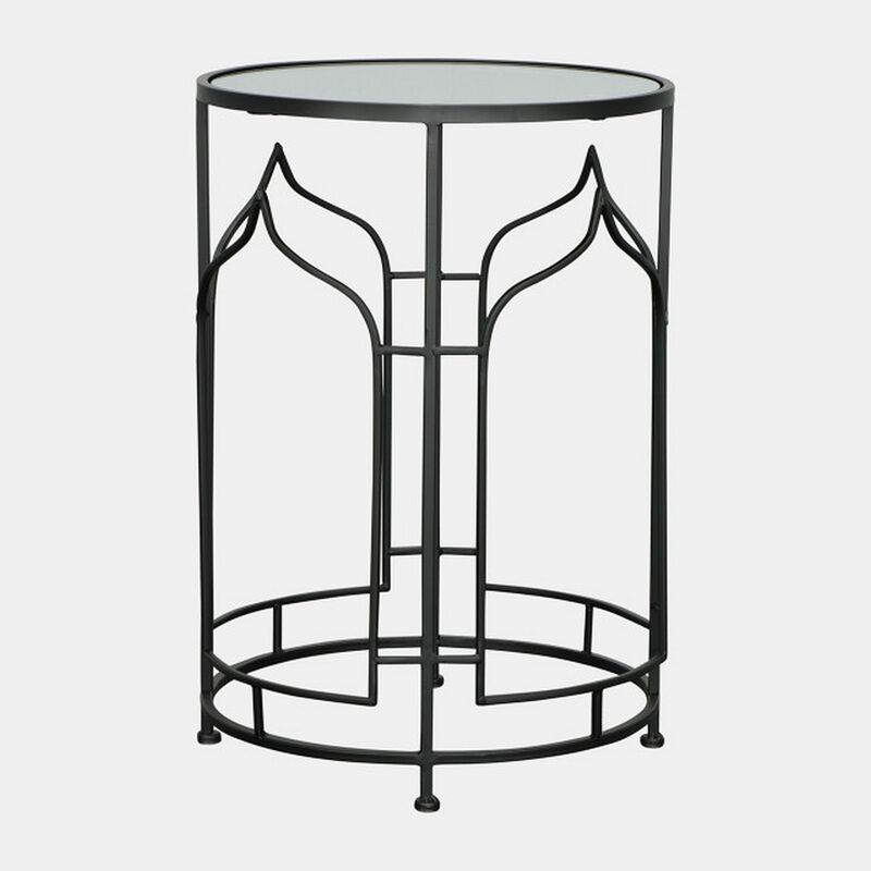 23 Inch Modern Side Table, Glass Top, Geometric Design, Set of 2, Black