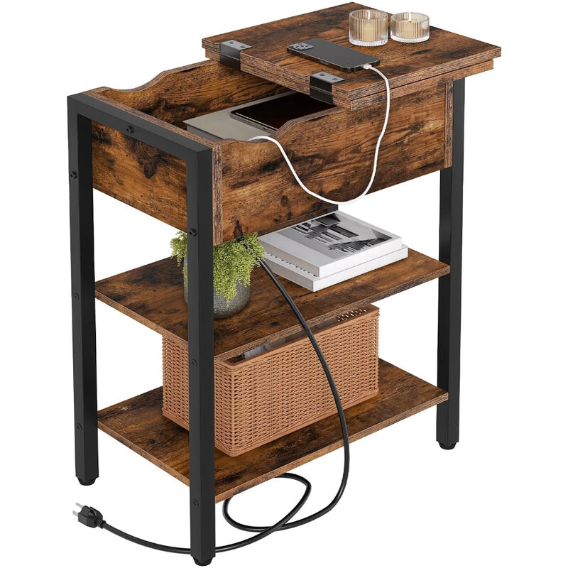 Flip-Top End Table with Charging Station, Compact Narrow Side Table-Brown image number 6
