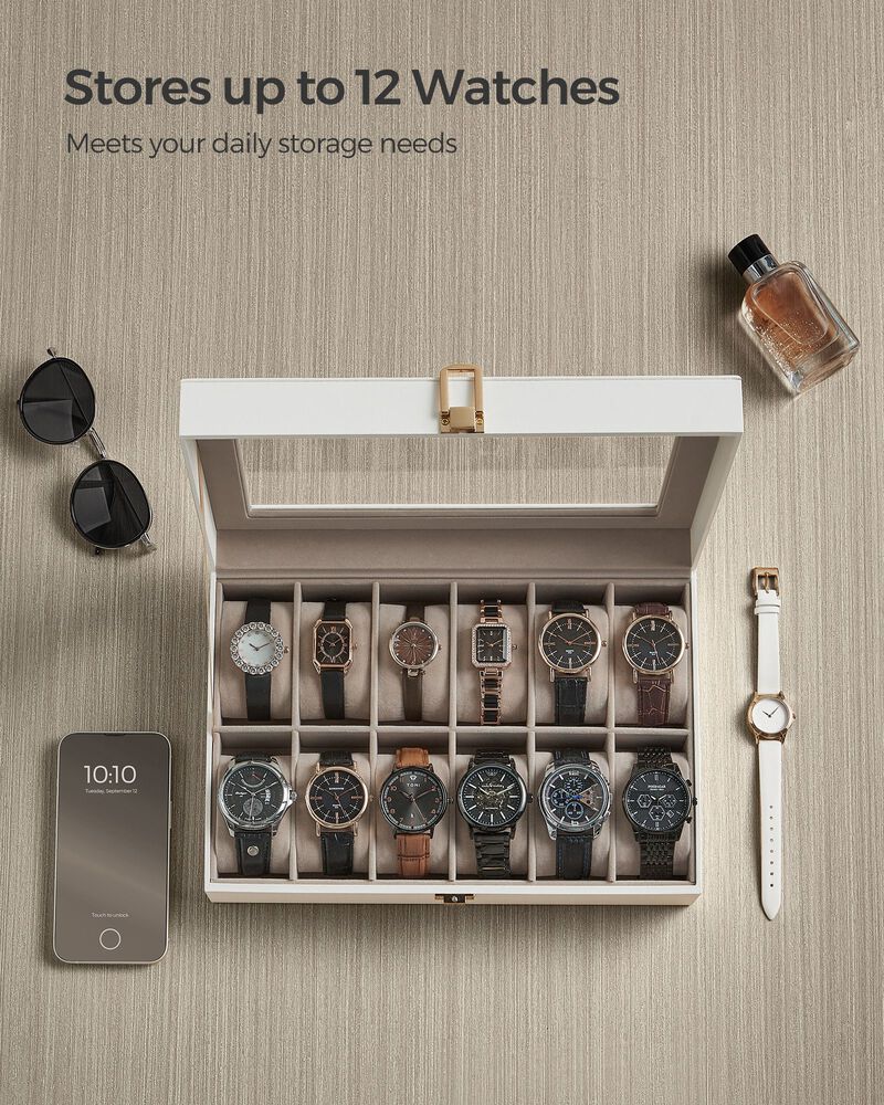 12-Compartment Watch Case with Large Glass Viewing Lid for Stylish Organization