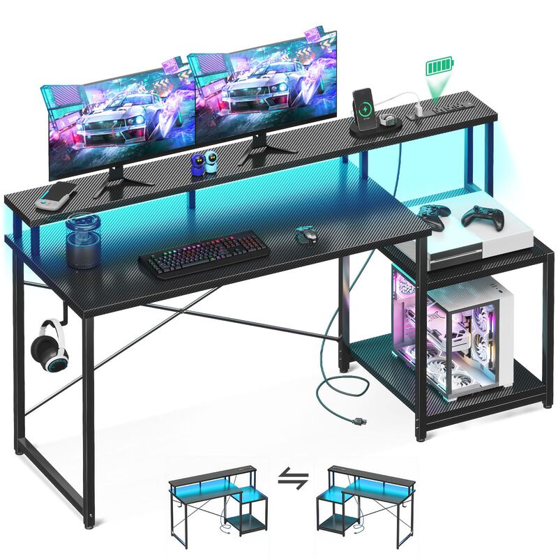 AODK Computer Desk, 56 Inch Gaming Desk with Led Lights & Power Outlet, Office Desk with Printer Storage Shelves, Reversible Des