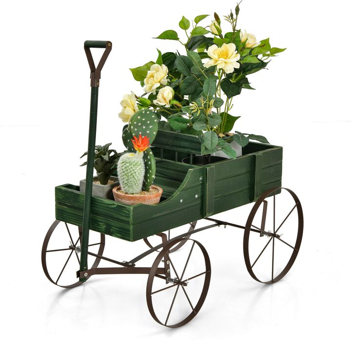 Wooden Wagon Plant Bed With Wheel for Garden Yard