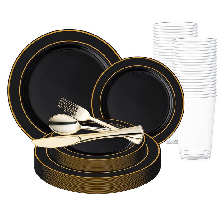Black with Gold Edge Rim Plastic Wedding Value Set (30 Sets)