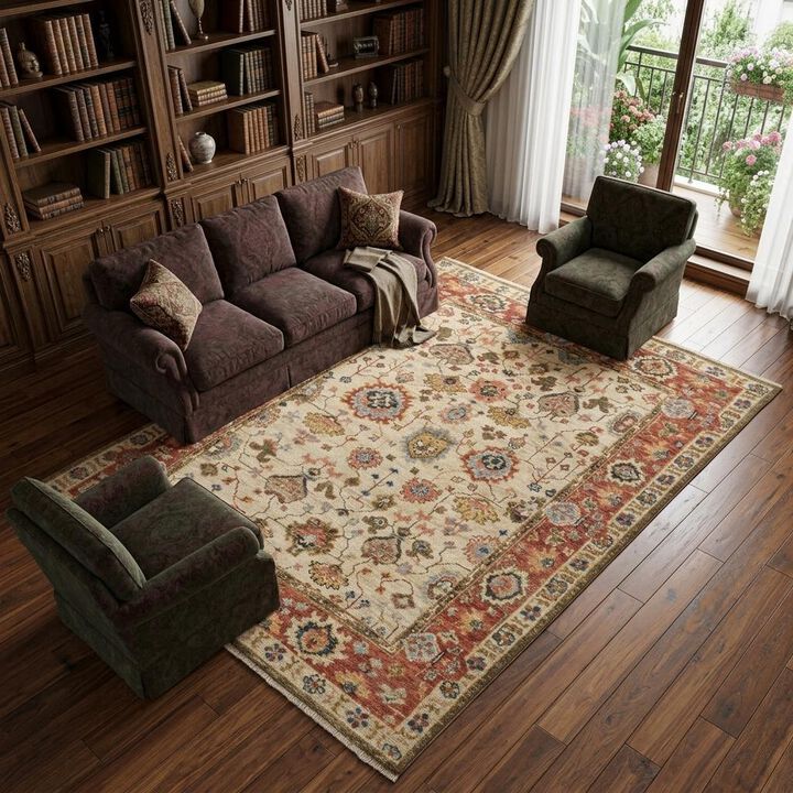 HomeRoots Wool Floral Hand Knotted Stain Resistant Area Rug