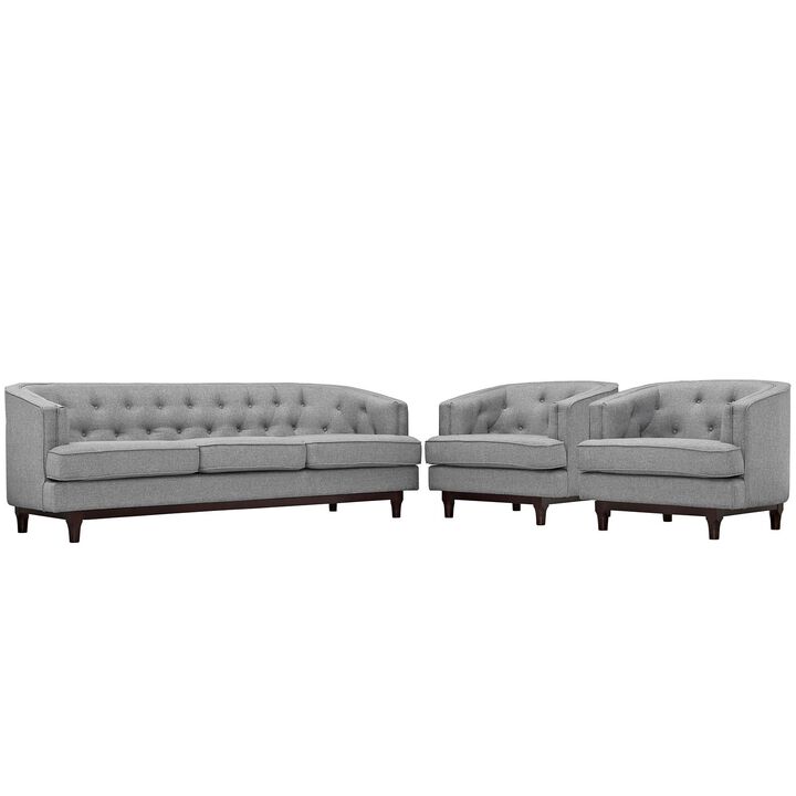 Modway Coast Upholstered Fabric Contemporary Modern Sofa and Two Armchair Set in Light Gray