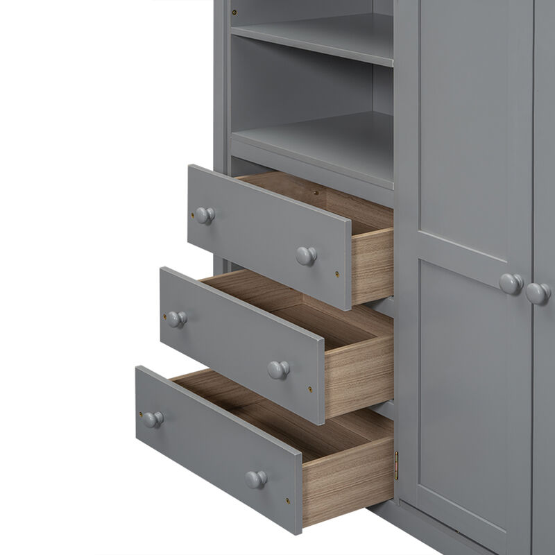 Whisen Wood Full Size Loft Bed with Built-in Wardrobe, Desk, Storage Shelves and Drawers- Grey