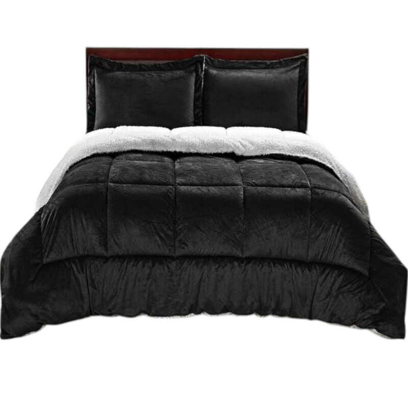 Plush Sherpa Comforter Set in Black – Wrinkle Free 3-Piece Bedding Set with Shams
