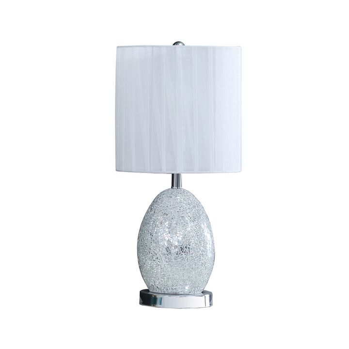 20 Inch Glass Table Lamp, 9W LED, 3 Way Switch, Egg Shape, Silver-Benzara