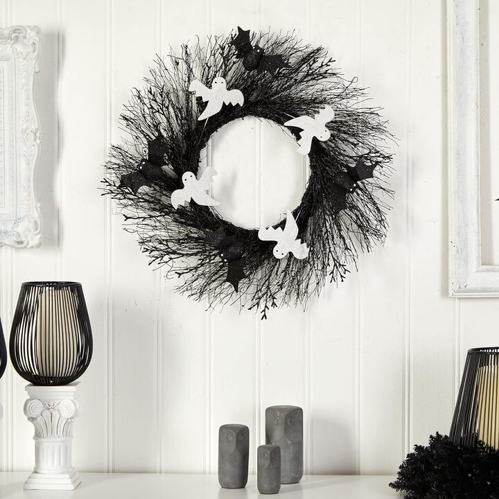 Hivvago 22" Halloween Ghost and Bats Twig Wreath