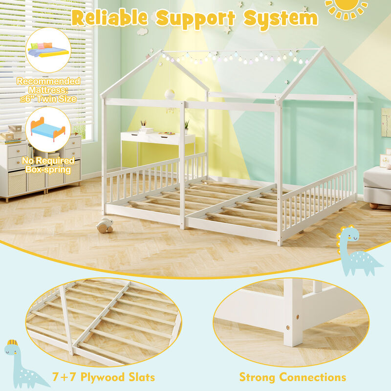 Double Floor Bed for Twins House Beds with Safety Guardrails for 2 Kids