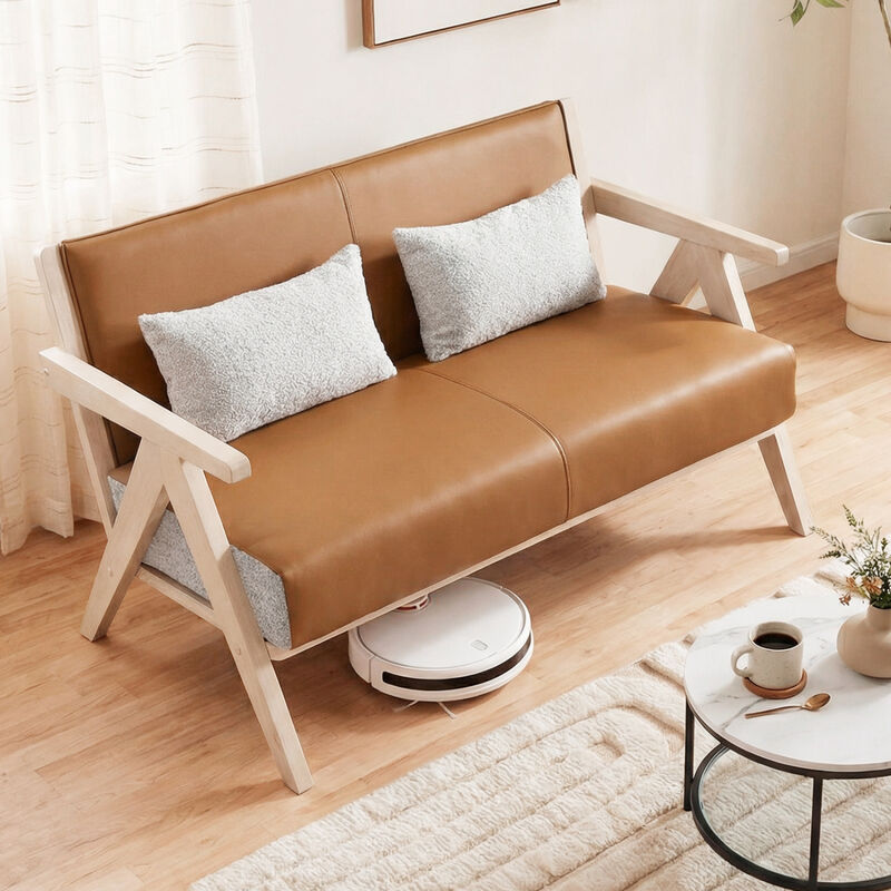 Loveseat Sofa for Small Spaces with Throw Pillows and Rubber Wood Frame image number 1