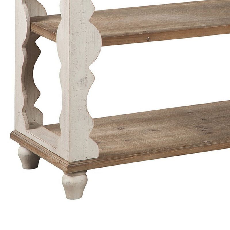 Traditional Style Console Sofa Table with Scalloped Design, White and Brown-Benzara
