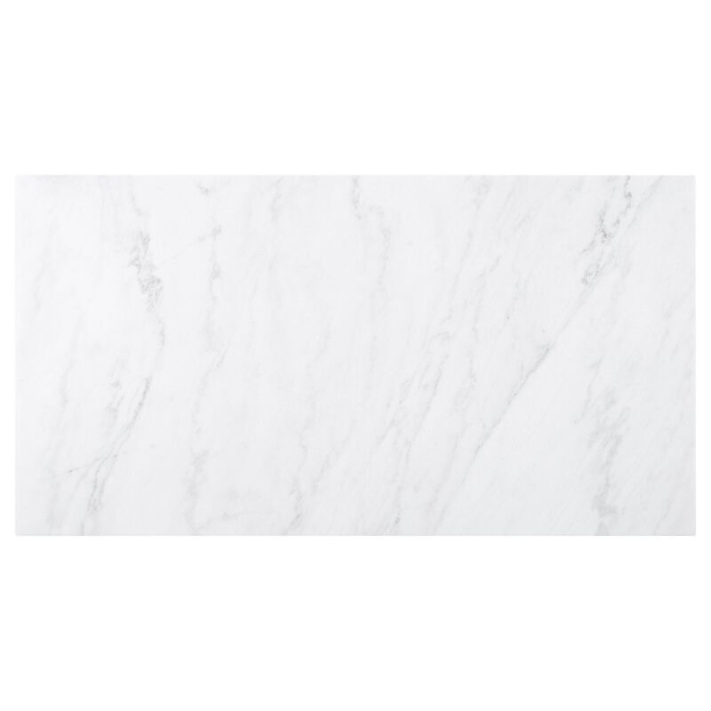 Shoy 72 Inch Dining Table, Rectangular White Marble Top, Trestle, Brown