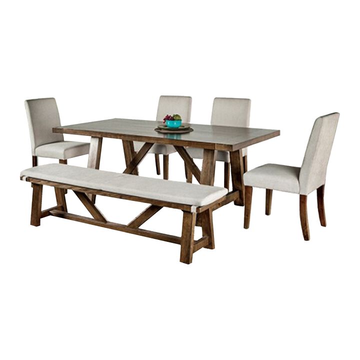 Jule 6pc Dining Set, Brown Rectangular Table, Chairs, Bench w White Seats - Benzara