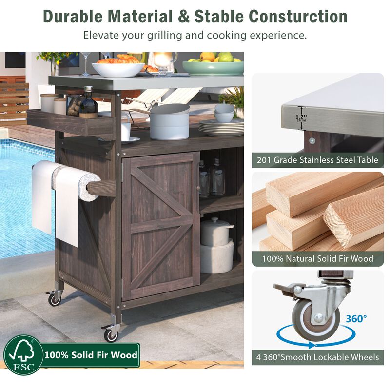 Whisen Farmhouse Kitchen Island with Storage Cabinet, Spice Rack, Towel Rack and 4 Wheels - Dark Brown