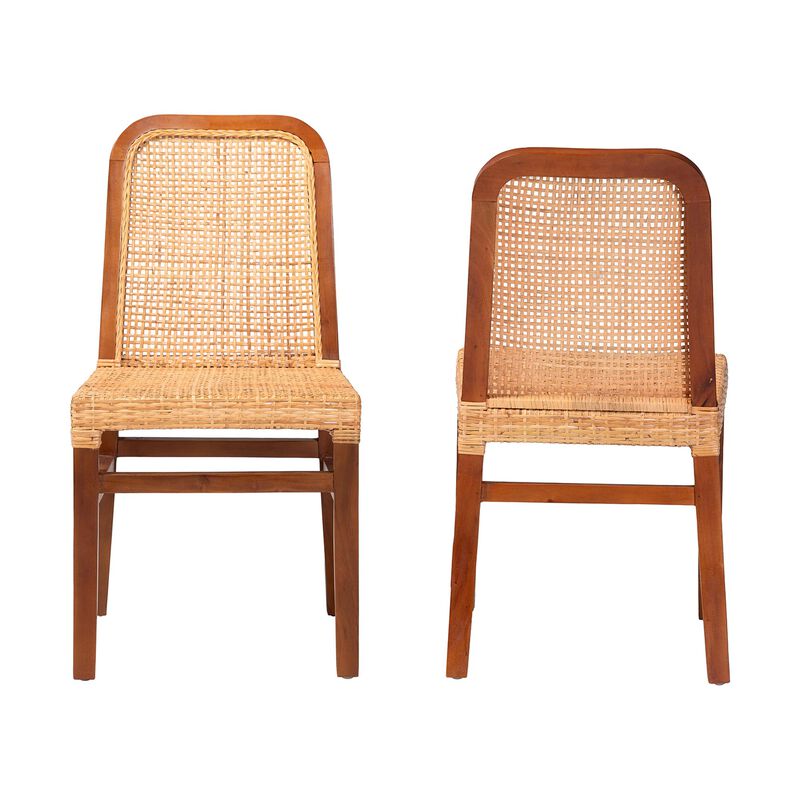Baxton Studio Caspia Mid-Century Modern Walnut Brown Mahogany Wood and Natural Rattan 2-Piece Dining Chair Set