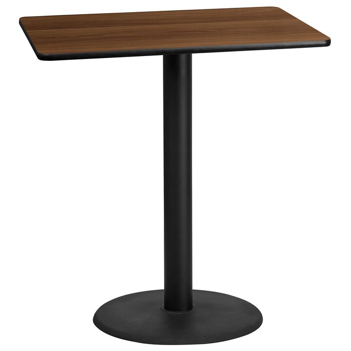 Flash Furniture 30'' x 42'' Rectangular Walnut Laminate Table Top with 24'' Round Bar Height Table Base