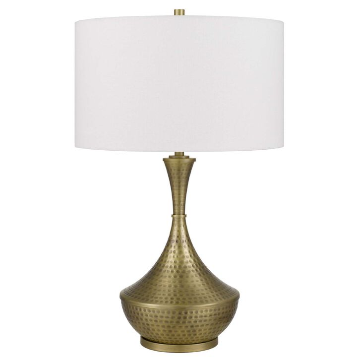 Table Lamp, White Linen Shade, Hammered Antique Brass Retro Hourglass Shape