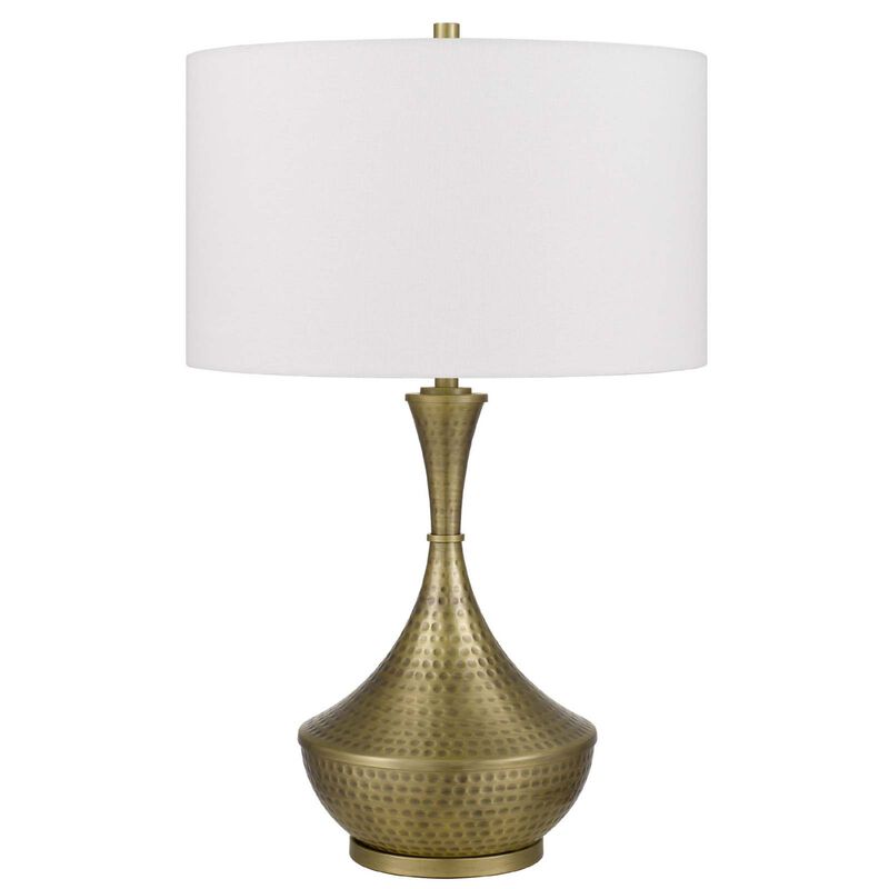 Table Lamp, White Linen Shade, Hammered Antique Brass Retro Hourglass Shape image number 0