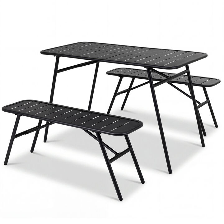 Outdoor Patio Dining Set 3 Piece with Table and 2 Benches for Garden, Deck, Backyard Use-Black