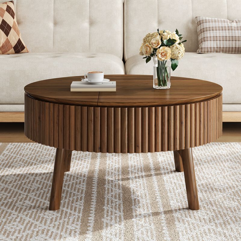 Whisen 30.3" Round Lift-Top Coffee Table, Solid Wood Mid-Century Modern Center Table with Hidden Storage for Living Room image number 4