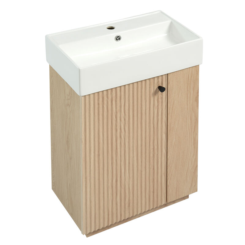 Whisen 21.6" bathroom vanity with ceramic sink, freestanding modern left door wood grain cabinet with open and closed storage