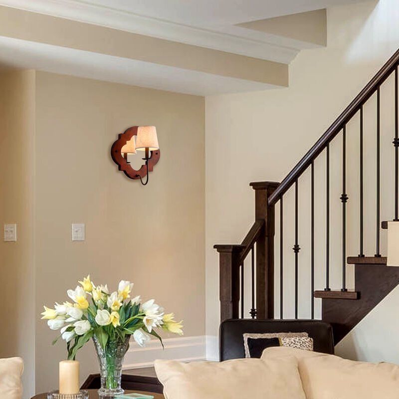 13.8" Vintage Reddish Brown Wall Light Sconces with Mirror and Fabric Shade