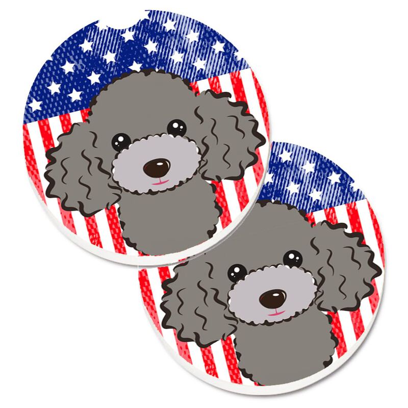 Caroline's Treasures American Flag & Silver Gray Poodle Set of 2 Cup Holder Car Coasters BB2189CARC, 2.56, Multicolor