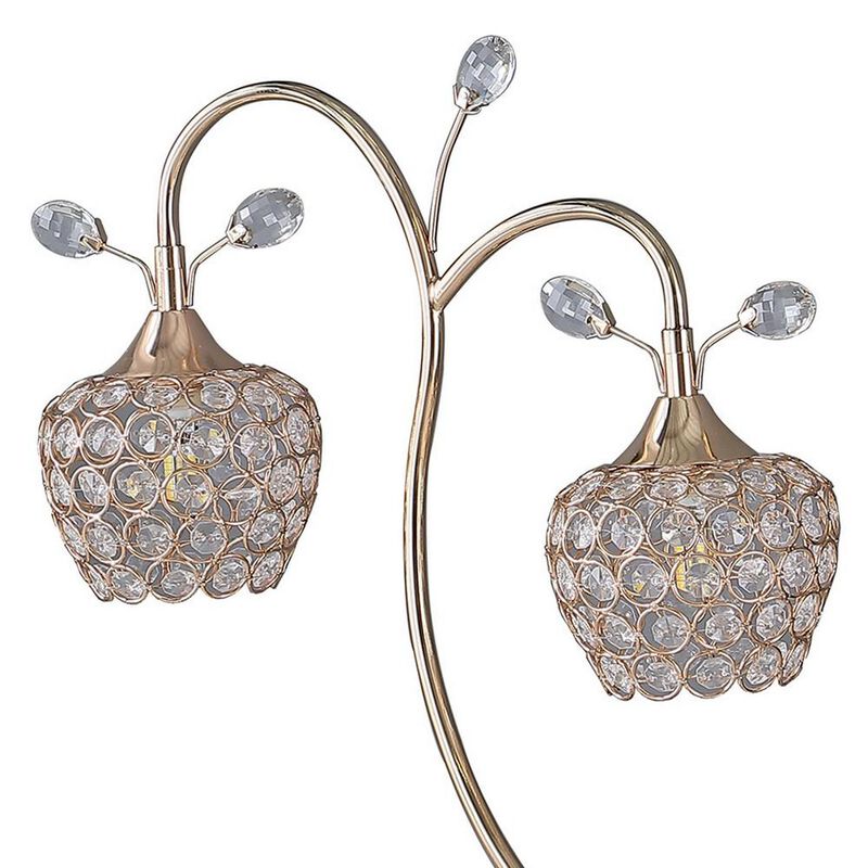 Floral Tree Design Metal Table Lamp with Dome Shade and Crystals, Gold - Benzara image number 8