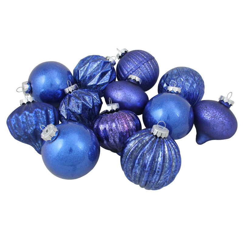 12ct Royal Blue Multi Finish with Various Shaped Christmas Ornaments 3.75"