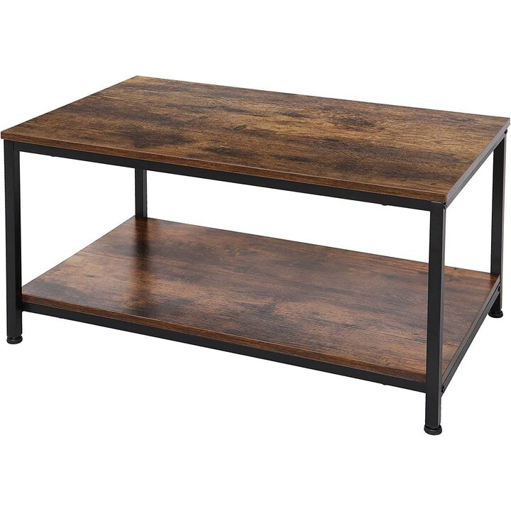 Industrial Style Coffee Table with Two Shelves and Heavy Duty Construction