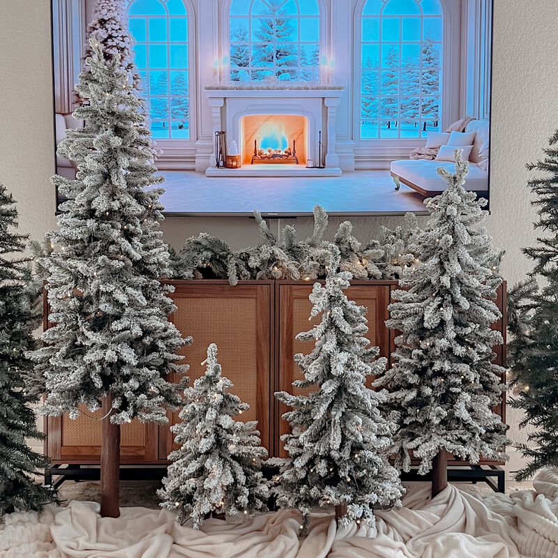 4 Foot Lightly Flocked Alpine Tree Pre-Lit Warm LED Lights with Timer and Real Wood Trunk image number 3