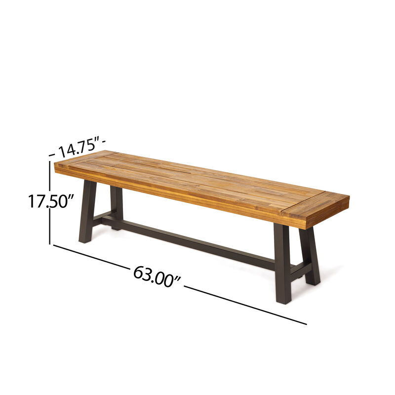 Leslee Outdoor Bench Set of 2, Light Brown Wood, Black Metal, 63 Inch - Benzara