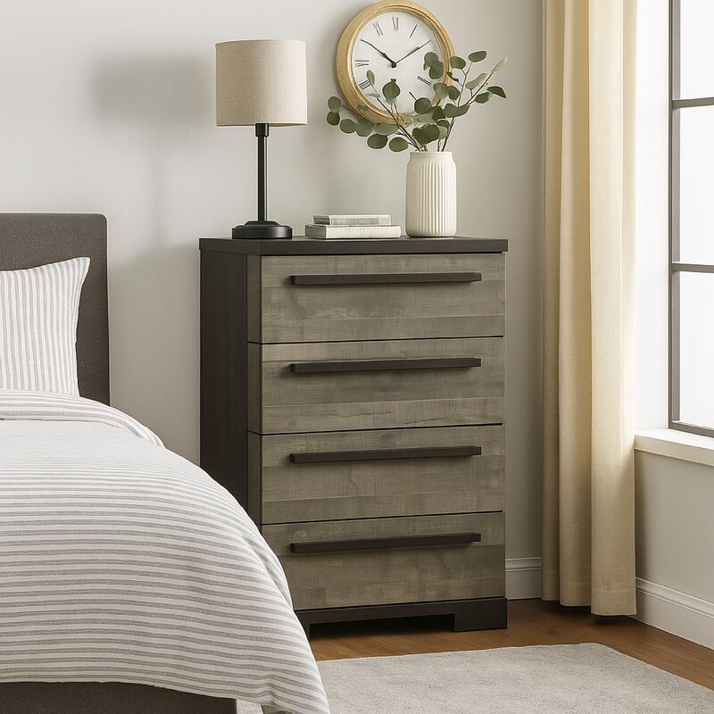 Ruthe Tall Dresser Chest with 4 Drawers, Ebony Black, Gray Wood