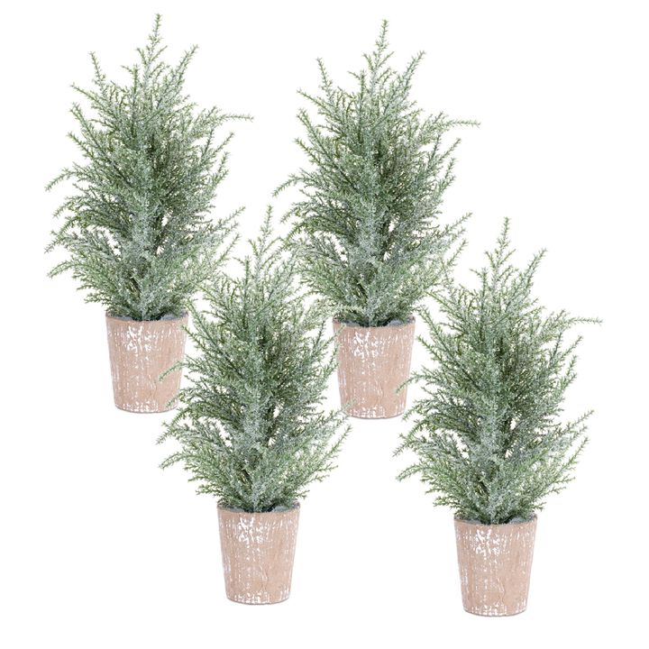 Set of 4 Frosted Holiday Pine Trees in Paper Pots for Seasonal Home Décor