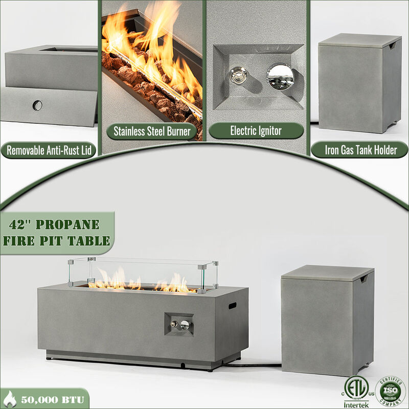 42" Propane Gas Fire Pit Table 2-Pieces, 50000 BTU Rectangular Steel Fire Pit with Glass Wind Guard for Outside Patio Deck Garden Courtyard