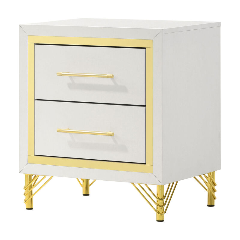 Jenny Nightstand, 2 Drawers, Hairpin Style Legs in Gold, Bar Handles, White - Benzara