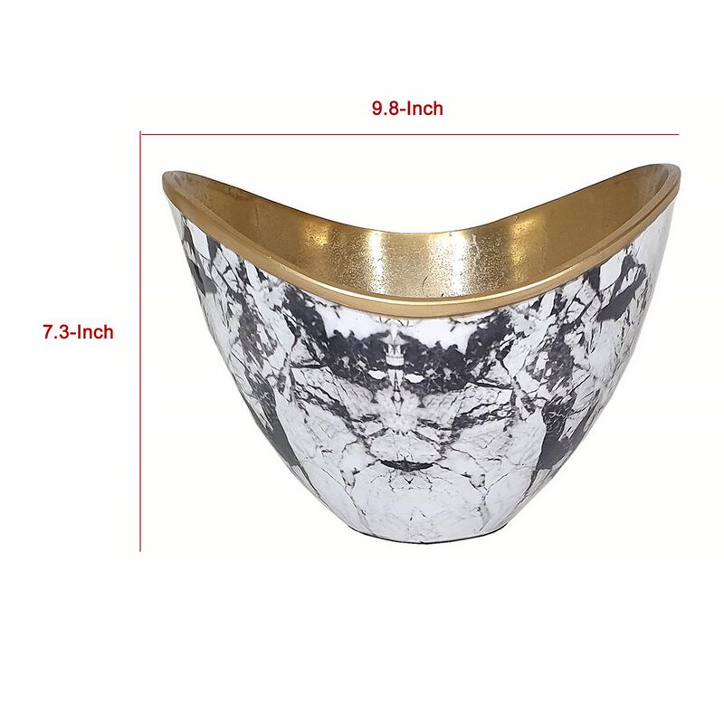 Sinzo 10 Inch Curved Bowl, Gold Aluminum, Textured Design, Black, White  - Benzara