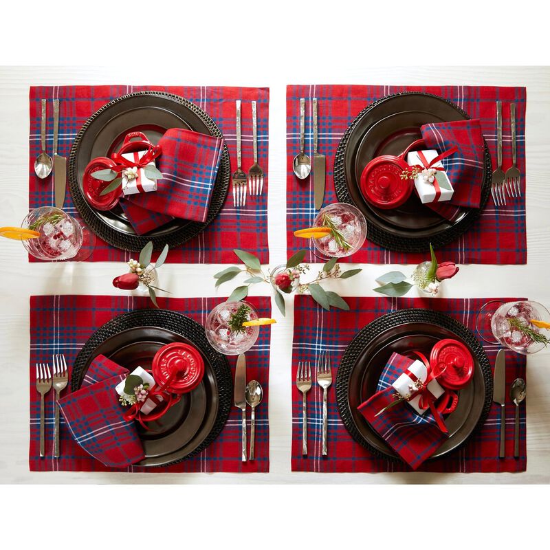 Solino Home 100% Pure Linen Placemats 14 x 19 Inch Set of 4 - Red Tartan Plaid