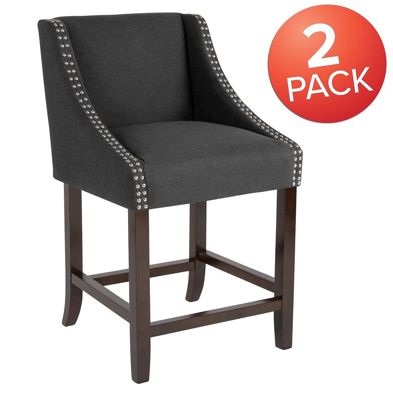 Flash Furniture Carmel Series 24" High Transitional Walnut Counter Height Stool with Nail Trim in Charcoal Fabric, Set of 2