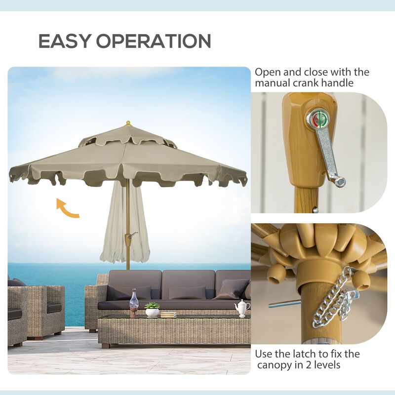 Brown Patio Umbrella: 9' Double Top Ruffled Market Umbrella with Tilt, Crank, 8 Ribs