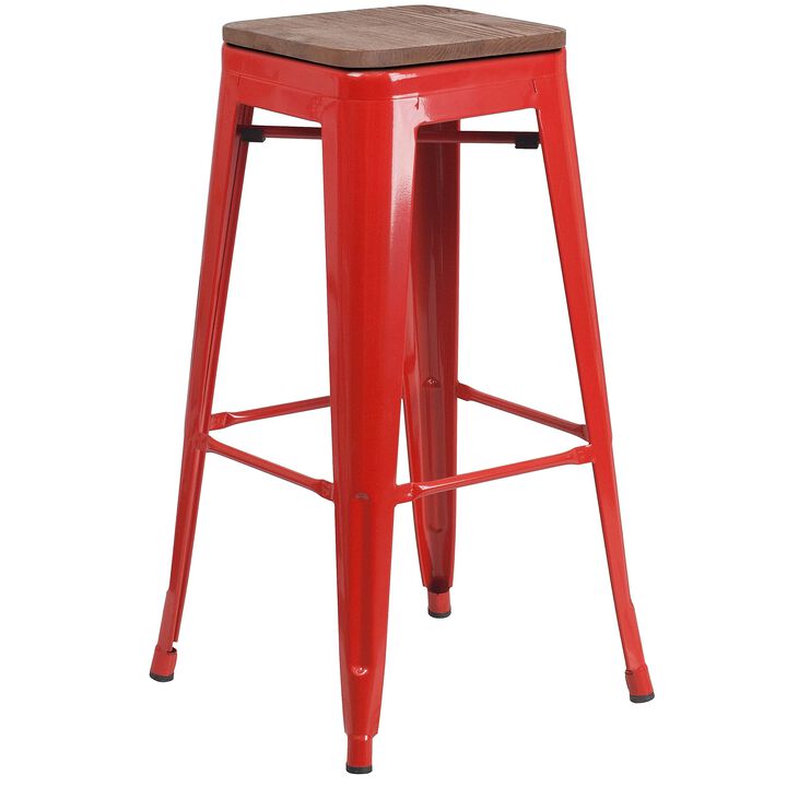 Flash Furniture Lily 30" High Backless Red Metal Barstool with Square Wood Seat