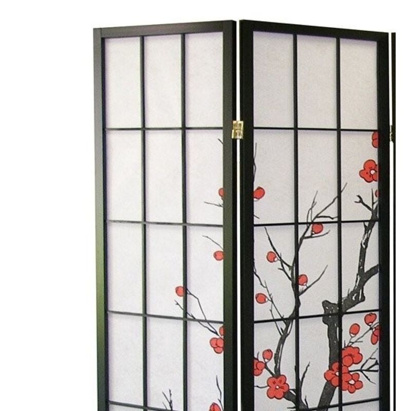 Streamdale Black Japanese 4-Panel Screen Room Divider, Plum Blossom image number 4