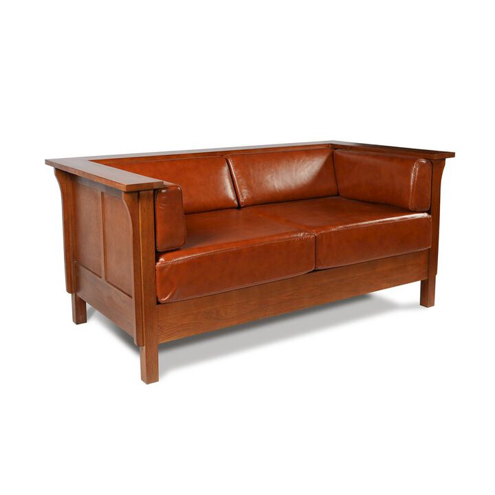 Crafters and Weavers Craftsman Cubic Panel Side Love Seat - Russet Brown Leather