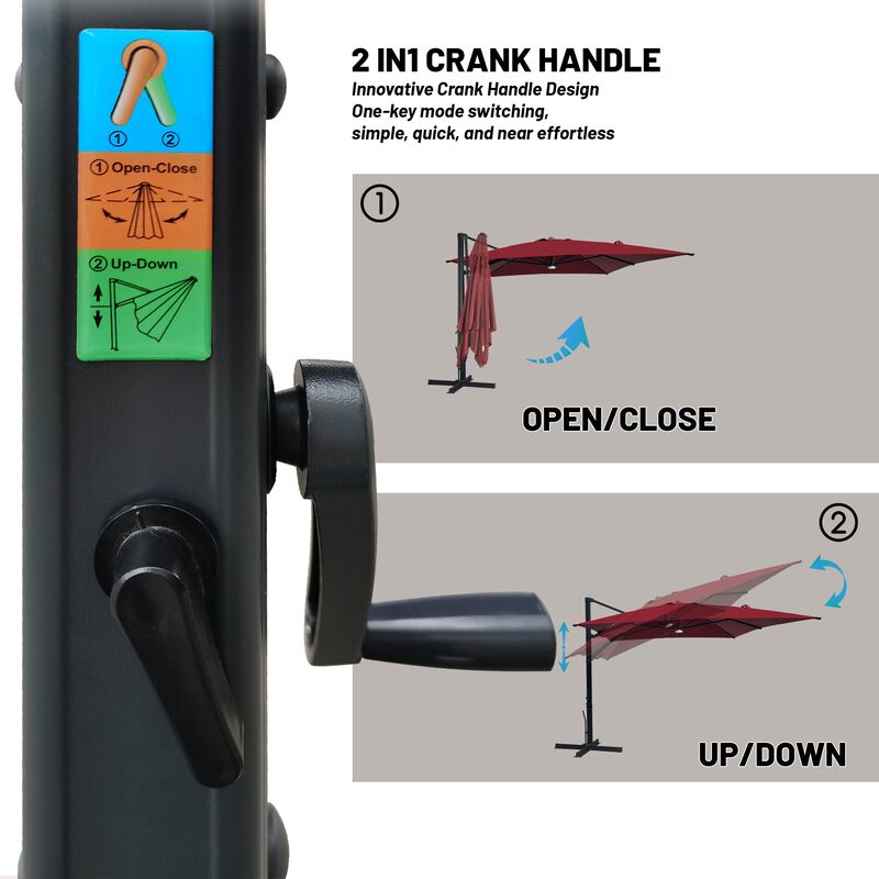 10x10 ft. 360°Rotation Square Cantilever Patio Umbrella with Bluetooth Speaker and LED Light in Red