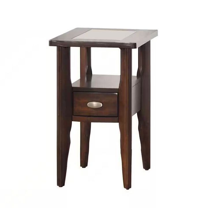 Ruen 22 Inch Chairside Table, Glass Inset, Bottom Shelf, 1 Drawer, Brown - Benzara