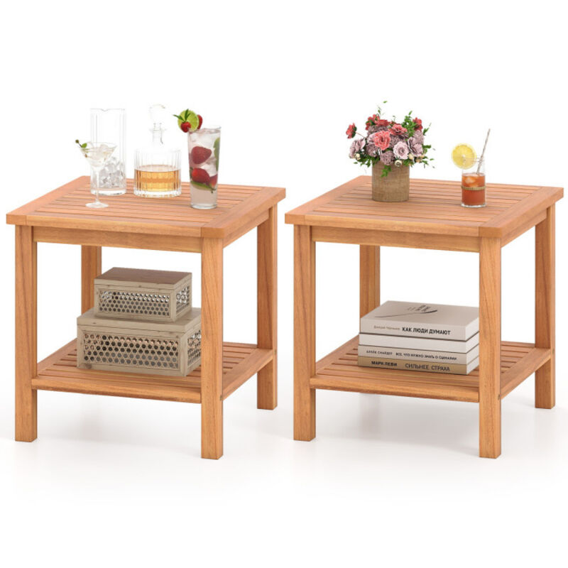 Set of 2 Acacia Wood Patio Side Tables with Slatted Tabletop and Storage Shelf image number 4
